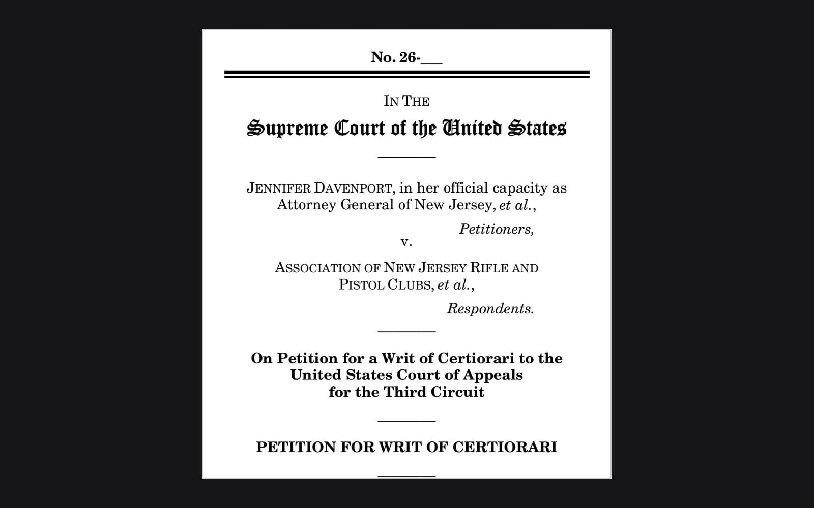 Cover page of New Jersey's petition for a writ of certiorari in Davenport v. Association of New Jersey Rifle and Pistol Clubs
