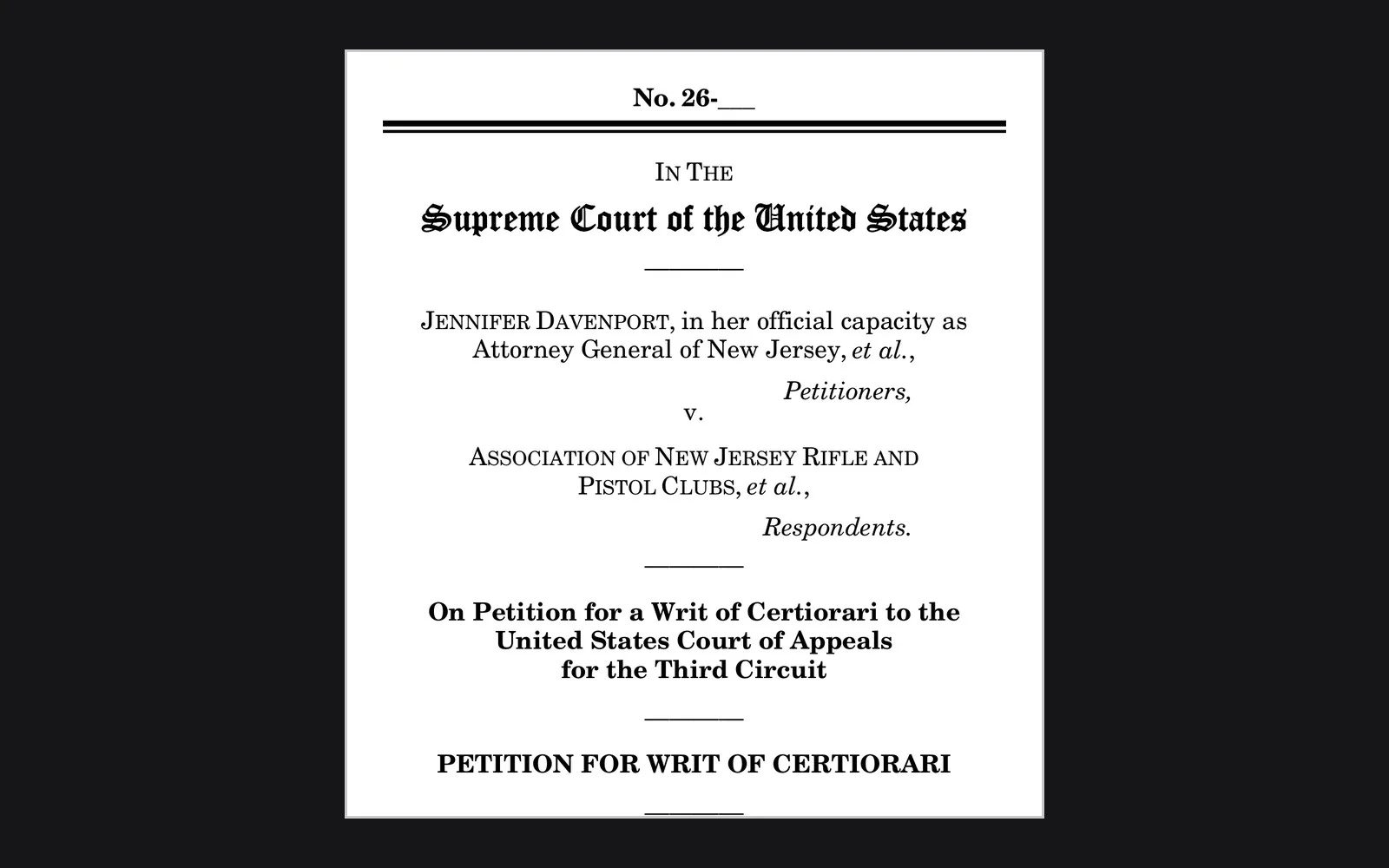 Cover page of New Jersey's petition for a writ of certiorari in Davenport v. Association of New Jersey Rifle and Pistol Clubs