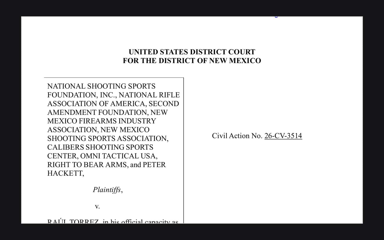 First page of the complaint in NSSF v. Torrez, filed October 19, 2026 in the District of New Mexico