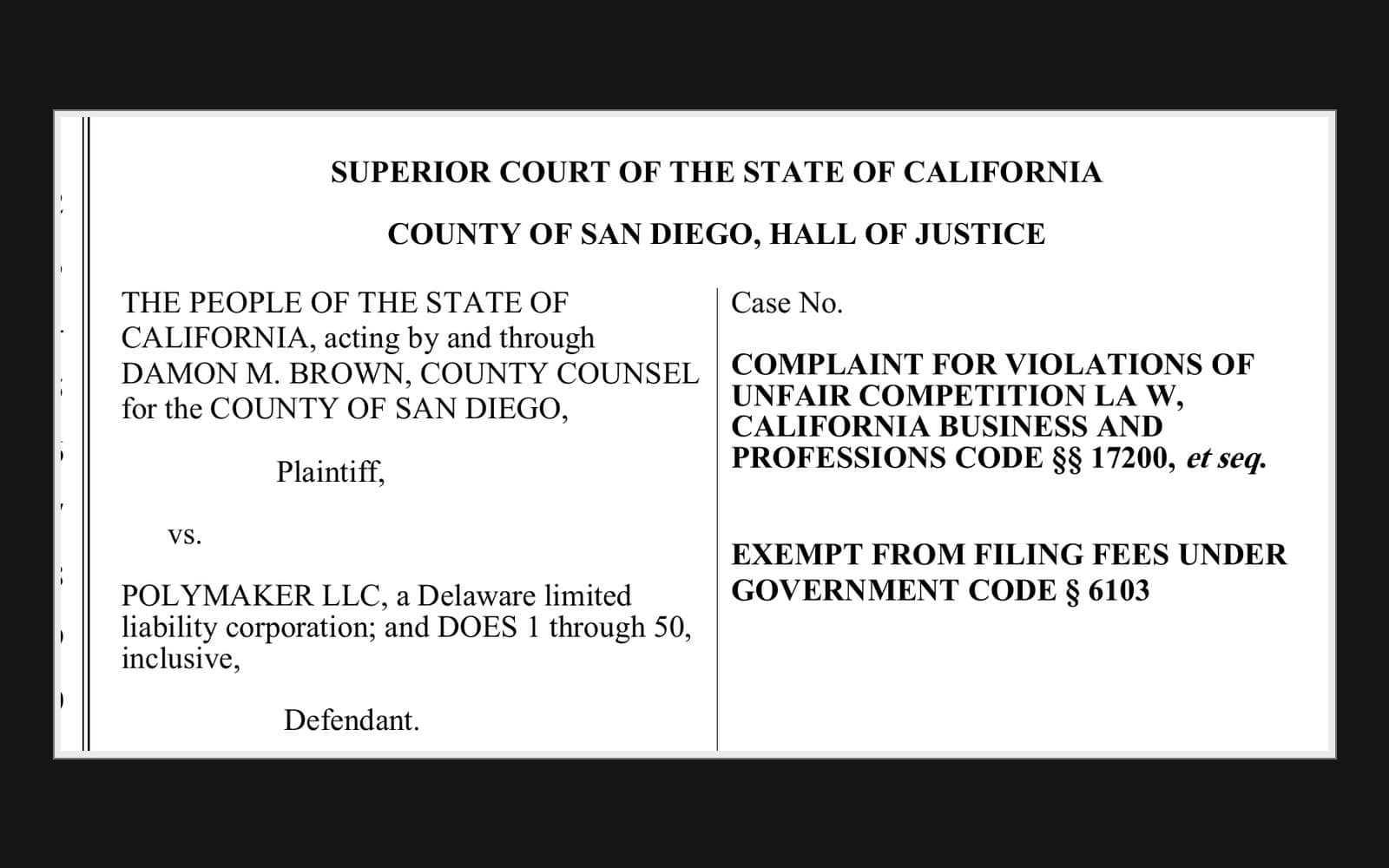 Caption page of San Diego County's complaint against Polymaker LLC in San Diego Superior Court