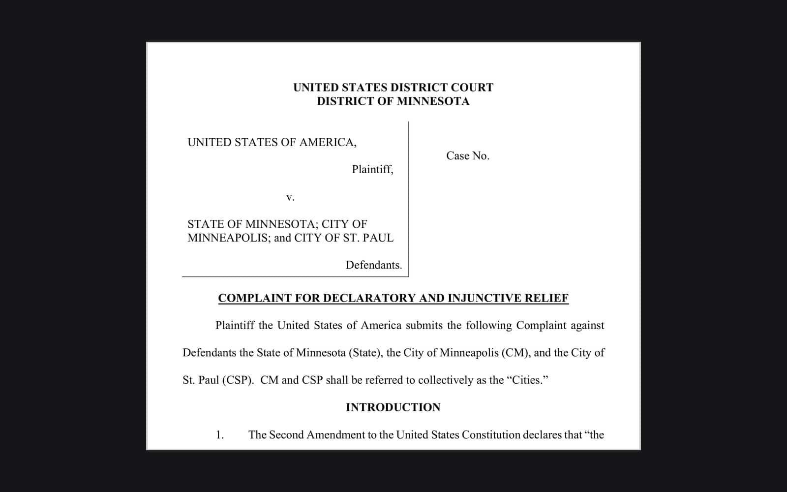 First page of the Justice Department complaint in United States v. State of Minnesota